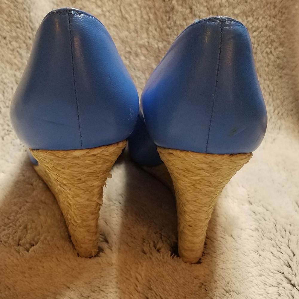 LK Bennett Blue Leather Peep-Toe Wedge Espadrilles - Picture 4 of 8